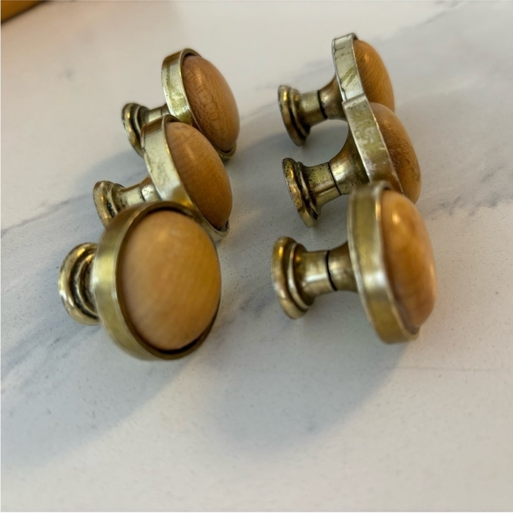 SET of SIX brass and wood drawer knobs pulls round handles brass wood inset knob - Picture 6 of 12